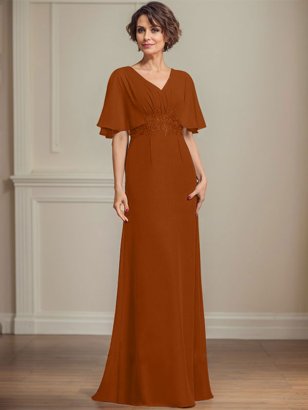 Vestido de corte A, escote en V, largo hasta el suelo, de gasa, para la madre de la novia, con apliques de lentejuelas plisadas y encaje.