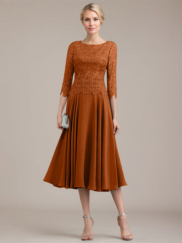 A-line Scoop Tea-Length Lace Chiffon Mother of the Bride Dress