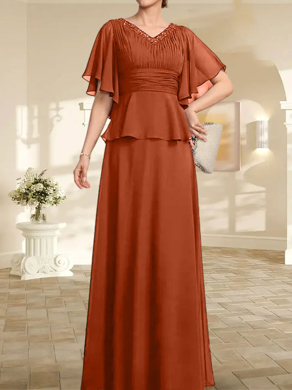 Vestido de gasa de corte A, escote en V, largo hasta el suelo, para la madre de la novia, con plisados ​​y cuentas.