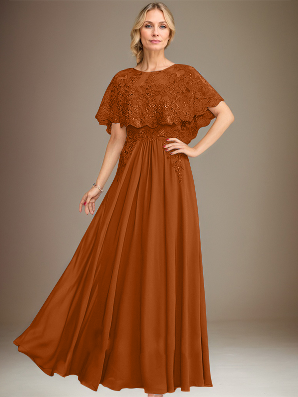 Robe de mère de la mariée en mousseline de soie dentelle, coupe trapèze, col bateau, longueur au sol, ornée d'appliqués de sequins 
