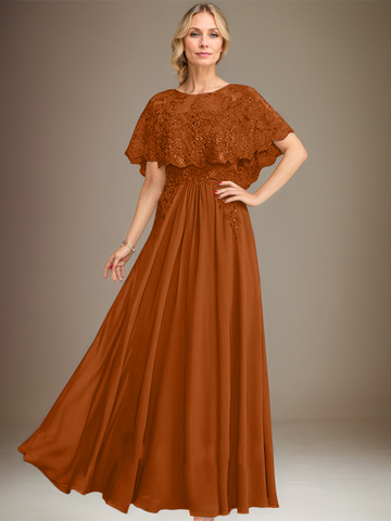 A-line Boat Neck Floor-Length Lace Chiffon Mother of the Bride Dress With Applique Sequins
