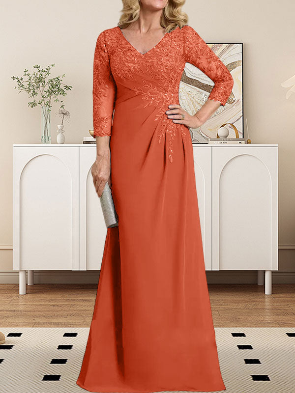 Vestido de novia de corte recto/columna, escote en V ilusión, largo hasta el suelo, de gasa de encaje con lentejuelas plisadas. 