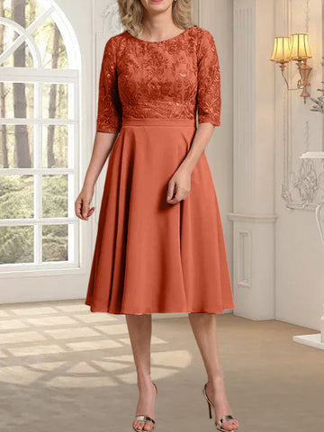 A-line Scoop Knee-Length Lace Chiffon Mother of the Bride Dress
