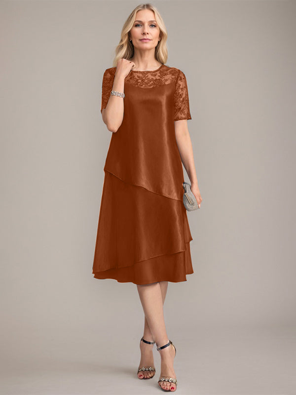 Vestido de corte A, escote redondo, largo hasta la rodilla, para la madre de la novia, con apliques y lentejuelas. 
