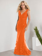 Vestido de sirena para la madre de la novia, corte sirena, escote en V, largo hasta el suelo, de gasa de encaje con apliques de lentejuelas. 