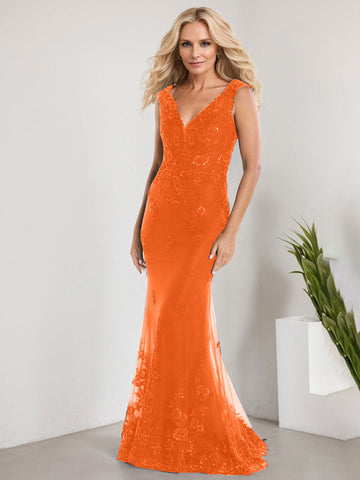 A-line V-Neck Floor-Length Lace Chiffon Mother of the Bride Dress With Applique Sequins Mermaid Dresses