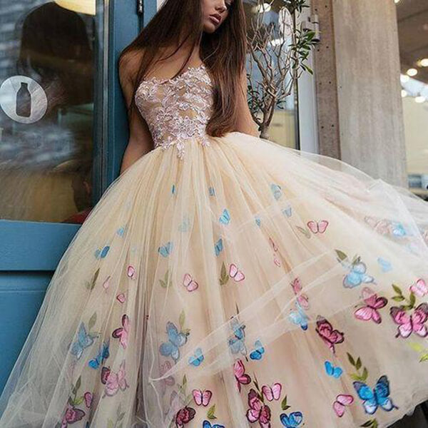Robe de bal papillon à fleurs, longueur thé, en dentelle, bustier, robe de soirée
