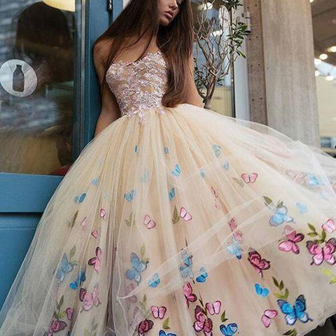 Butterfly Floral Ball Gown Tea Length Lace Strapless Homecoming Dresses