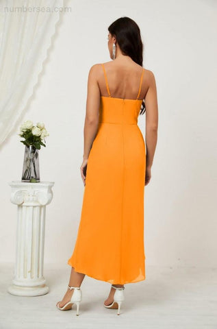 Vestido de dama de honor de gasa con escote en V y abertura media, vestido formal de fiesta, vestido de bienvenida 2803 