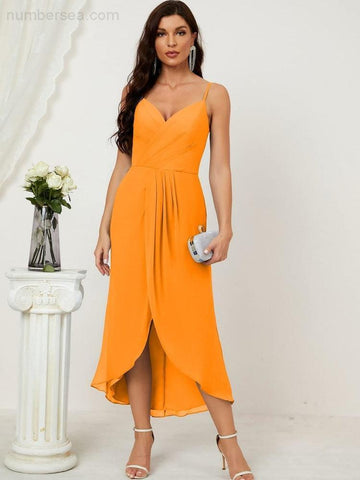 Vestido de dama de honor de gasa con escote en V y abertura media, vestido formal de fiesta, vestido de bienvenida 2803 