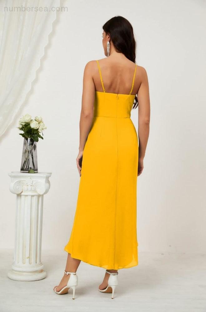 Vestido de dama de honor de gasa con escote en V y abertura media, vestido formal de fiesta, vestido de bienvenida 2803 