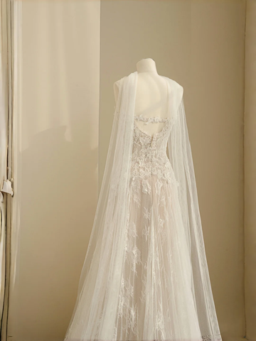 Pretty Strapless Tulle Lace Long A Line Wedding Dress,Formal Prom Evening Dress Y8686