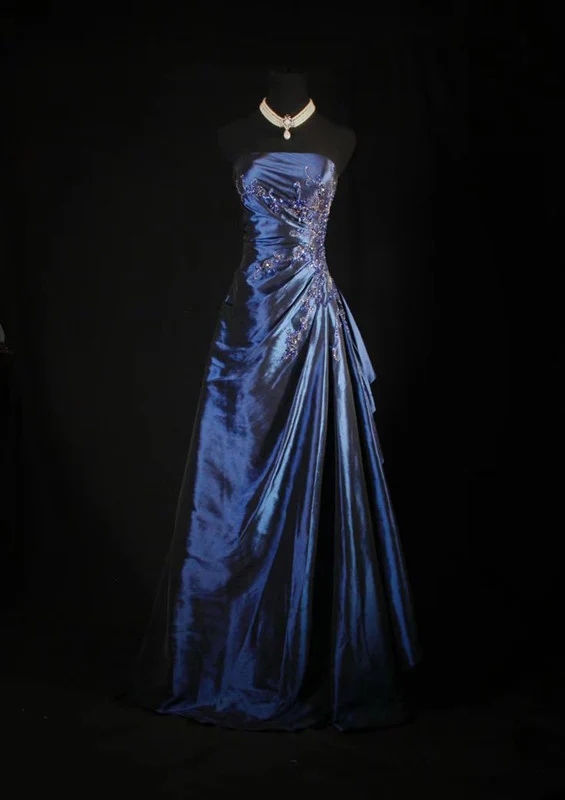 Precioso vestido de gala sin tirantes, azul marino, satén, apliques, corte en A, vestido de noche de graduación Y7807