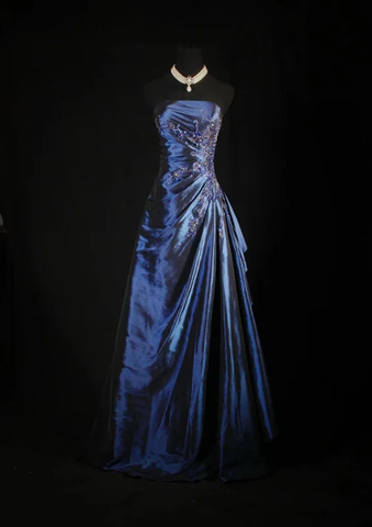 Precioso vestido de gala sin tirantes, azul marino, satén, apliques, corte en A, vestido de noche de graduación Y7807