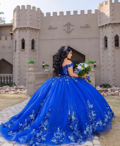 Robe de bal bleu royal pour quinceañera, bustier cœur fleuri 3D, robe de soirée pour les 15 et 16 ans (Y2821)