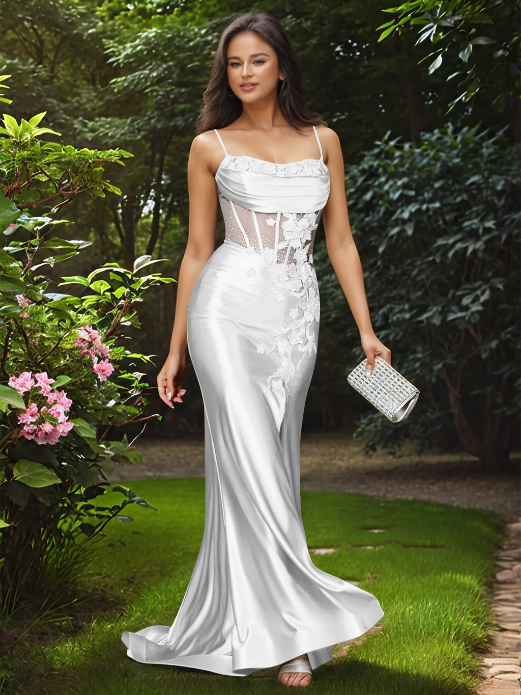 Vestido de fiesta largo de sirena sin tirantes con rosa 3D y corpiño transparente