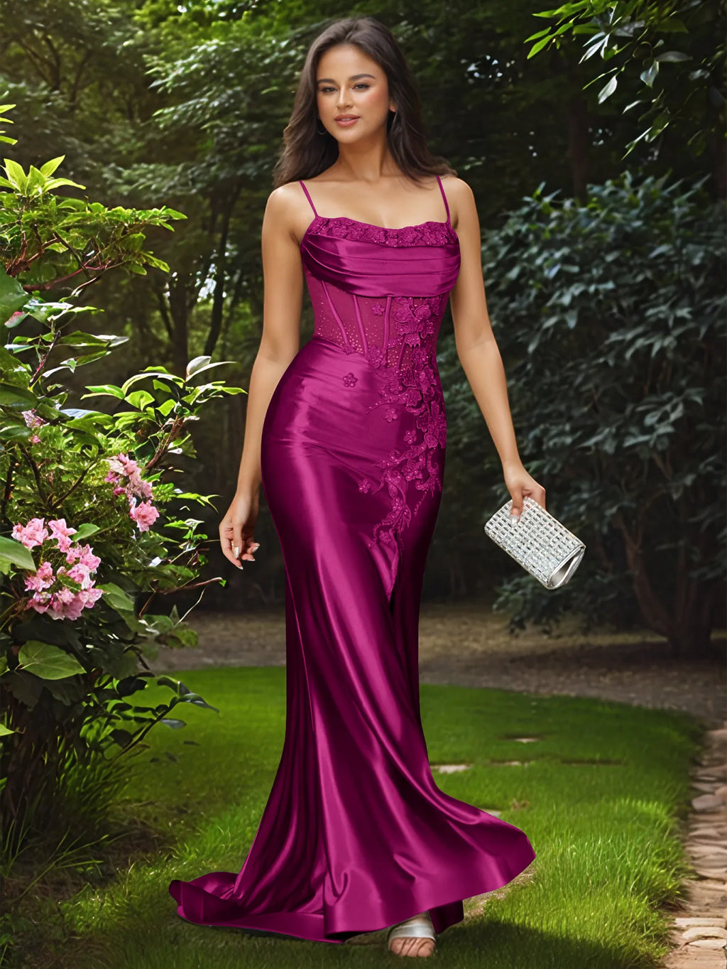 Vestido de fiesta largo de sirena sin tirantes con rosa 3D y corpiño transparente