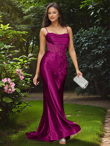 Robe de bal sirène bustier 3D rose longue avec corsage transparent