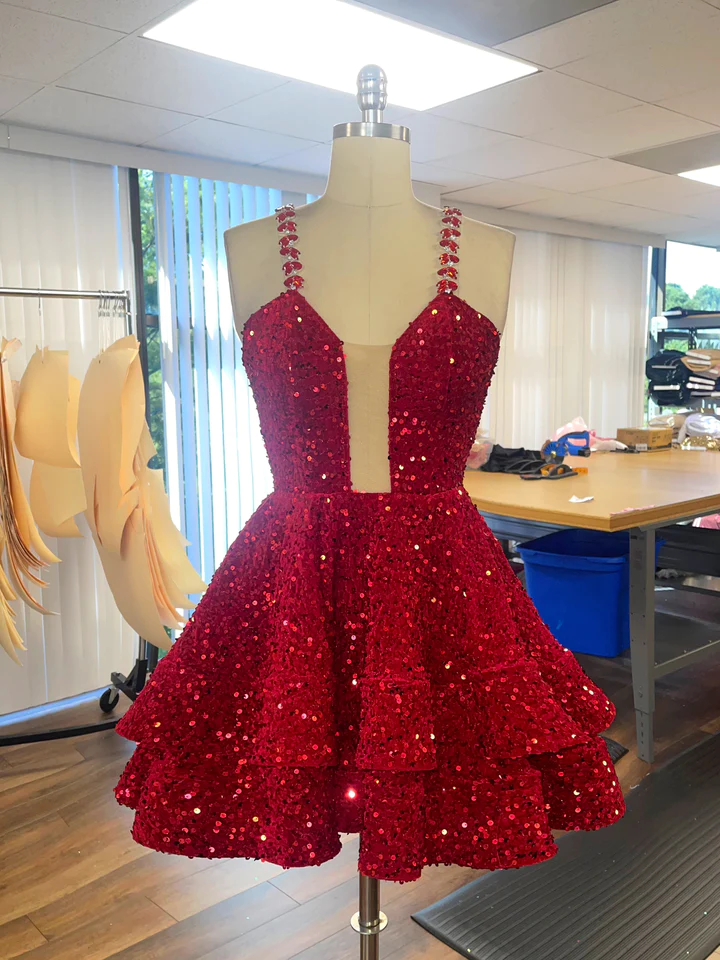 Vestido de fiesta de quinceañera con lentejuelas, corte en A, falda de capas, estilo popular Y07