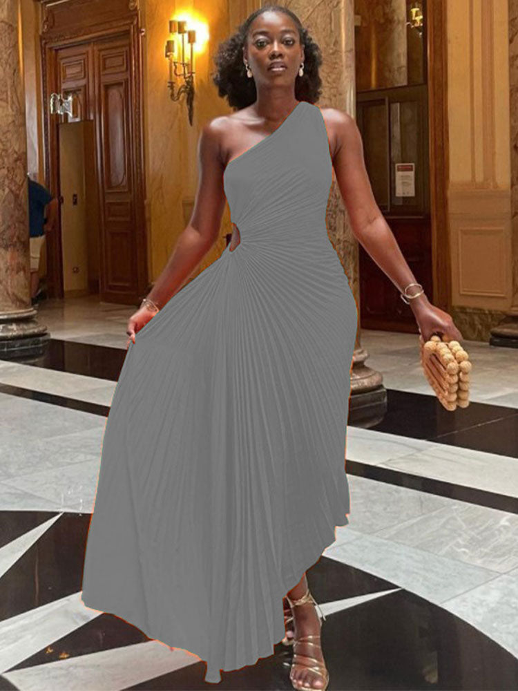 Robe trapèze plissée sans manches à taille roulée, sans manches, à une épaule, sexy, style bal de promo et soirée.