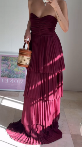 Burgundy Strapless Chiffon Pleated Tiered Long Evening Dress A Line Prom Dress Y8503
