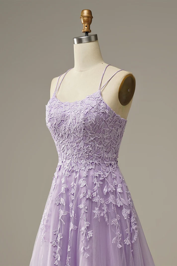 Robe de bal élégante lavande, robe de soirée trapèze ornée d'appliqués, Y1129