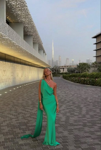 Unique Green One Shoulder Satin Long Evening Dress Formal Prom Dress Y8489