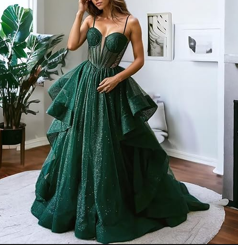 Sparkly Evening Dress Green Corset A-line Evening Gown Y6339