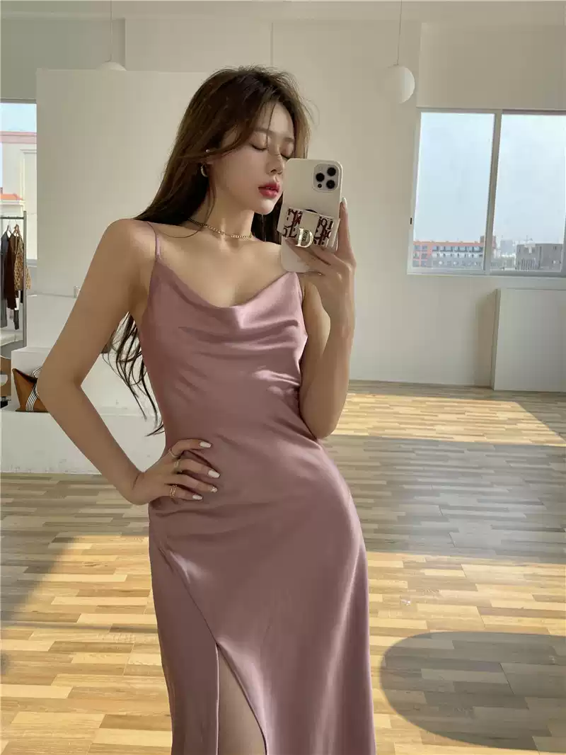 Robe midi semi-formelle élégante en soie à fines bretelles et fente latérale, robe de soirée moulante et sexy pour femme Y1197
