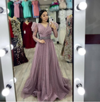 Vestido de noche de tul brillante corte A, vestido de noche modesto Y4993