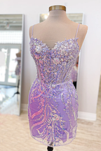 Robe de bal moulante mini Y4007 à bretelles et appliques de sequins lavande