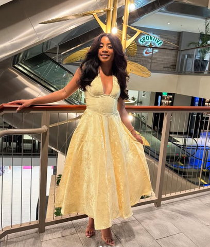 Sexy Halter Deep V Evening Dress Yellow Satin Print Prom Dress Y8249