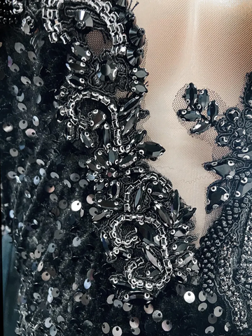 Black Sequins Rhinestone Applique Long Sleeve Mermaid Prom Dress Evening Dress Y8313