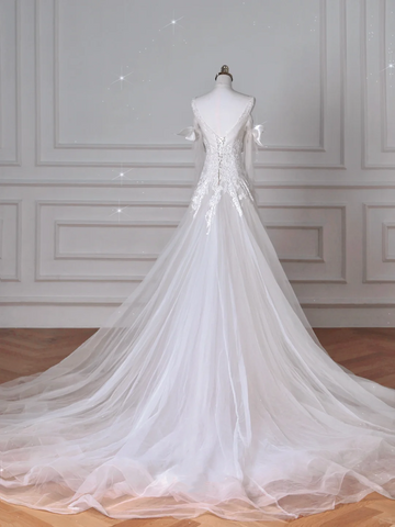 Fairy White V Neck Tulle Lace Appliques Mermaid Evening Dress,Long Wedding Dress Y8636