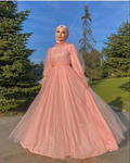 Vestido largo de fiesta de tul rosa, vestido de noche de tul rosa Y6325
