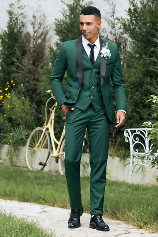 Costume trois pièces pour homme, vert foncé, revers châle, un bouton, style bal de promo.