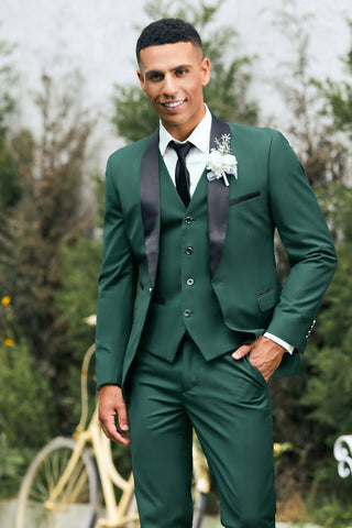 Costume trois pièces pour homme, vert foncé, revers châle, un bouton, style bal de promo.