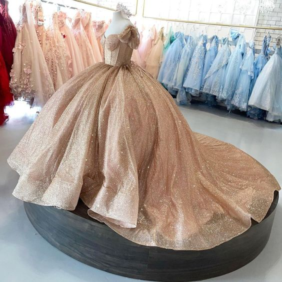 Vestido de quinceañera con brillo oro rosa, vestido de gala, vestido de 16 años Y693