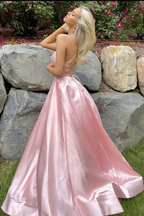 Simple Pink A-Line Satin Party Dress Side Slit Prom Dress Evening Dress Y8563