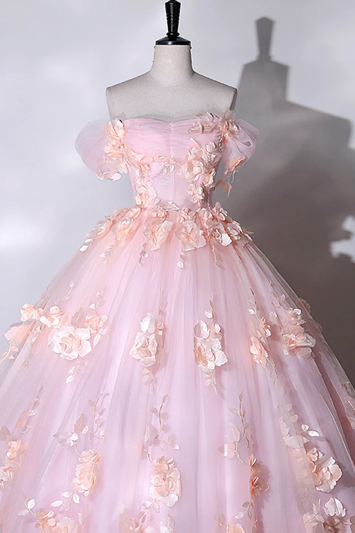 Vestidos de gala formales con escote corazón y flores rosas, vestidos largos rosas para quinceañeras Y6951