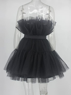 Robe mini princesse en tulle pour femme, à volants et résille, idéale pour les fêtes, les bals de promo, les mariages et les soirées féériques. Robe tutu noire de style féerique pour un bal de fin d'année (Y512).