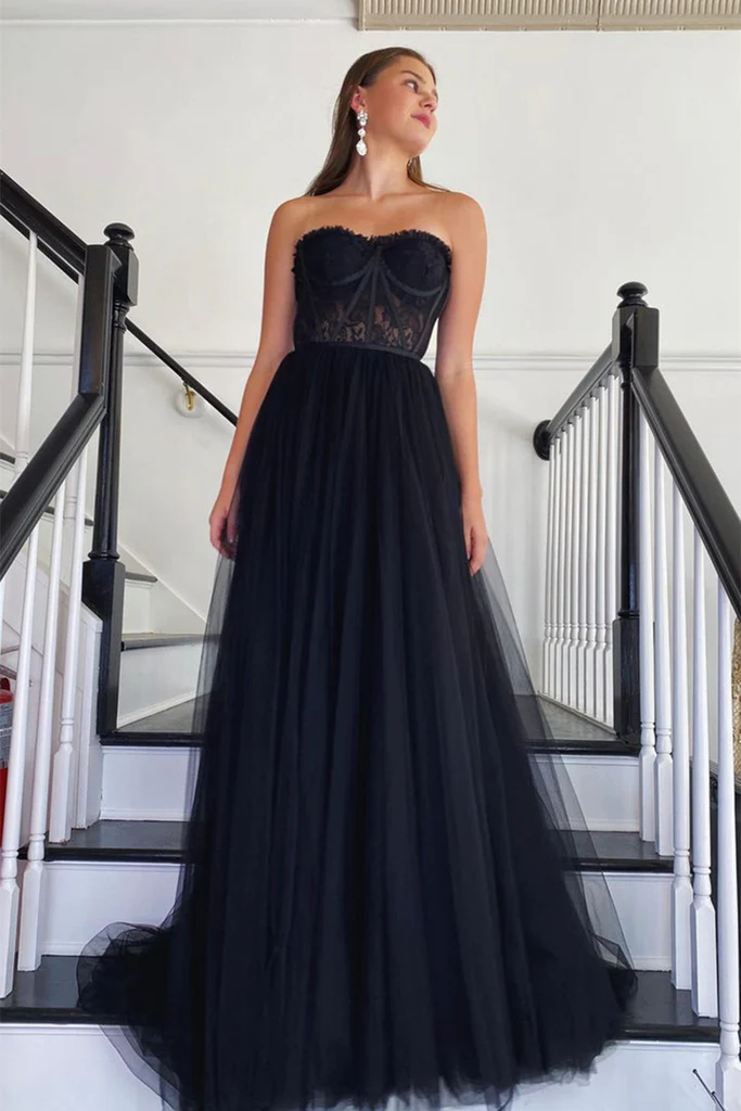 Vestido largo de fiesta de tul y encaje negro sin tirantes, vestido formal de encaje negro, vestido de noche negro Y205