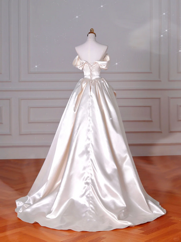 Classy Off The Shoulder Satin Pleated A Line Prom Evening Dress,White Wedding Dress Y8633