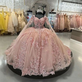 Vestido de quinceañera sexy, rosa rubor, apliques de encaje, cuentas de cristal, escote corazón con flores, vestido de baile rosa rubor Y5886