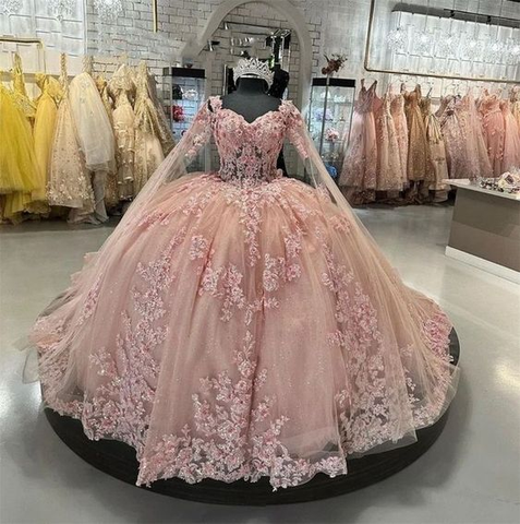 Robe de bal sexy pour quinceañera, rose poudré, dentelle, perles de cristal, décolleté cœur et fleurs, référence Y5886