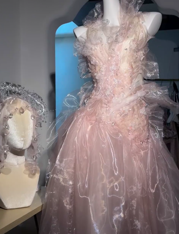 Vestido de fiesta largo de noche sin espalda, de tul rosa hada con cuentas Y8564