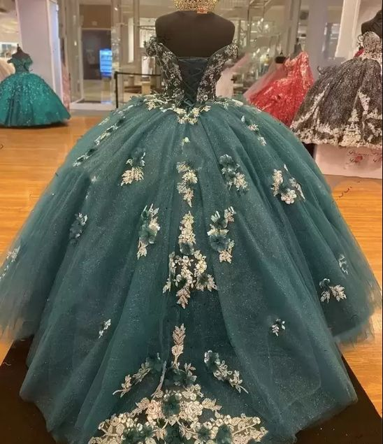 Vestido de quinceañera verde oscuro con hombros descubiertos, estilo princesa, para concurso de belleza, con flores Y4432