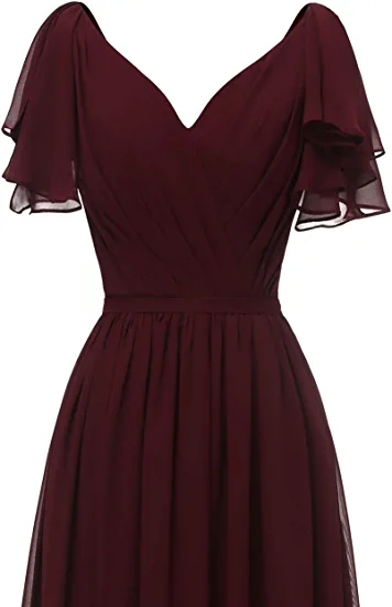 Leaf Sleeve Bridesmaid Dress V Neck Chiffon Long Formal Wedding Evening Dress Y1206