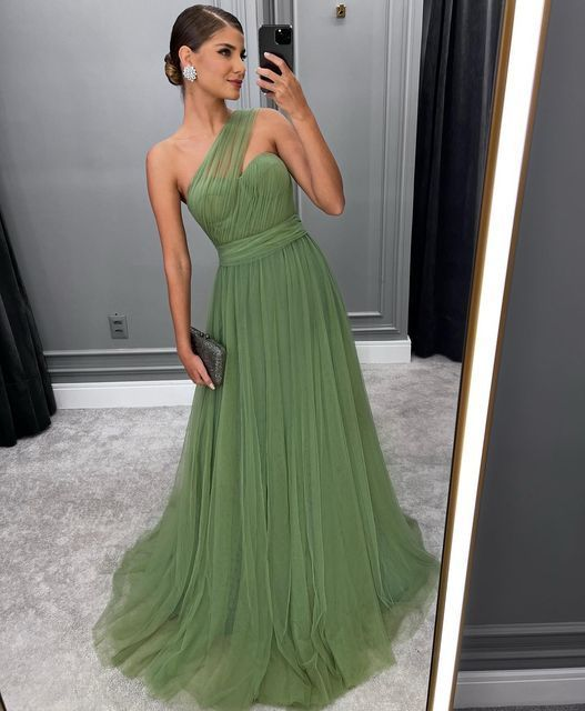 Green Long A-line Prom Dress Trendy Tulle Formal Evening Dresses Y5602