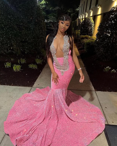 Precioso vestido de noche rosa con lentejuelas y cuentas, estilo sirena, modelo Y8016